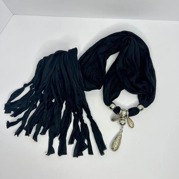Black Scarf‎ Necklace Silver Tone Beads Rhinestones Fringe Western Statement - Picture 7 of 8